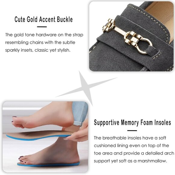 Kordal Women's Grey Leather Gold Accent Buckle Slip-Ons Comfortable Loafers - Picture 4 of 9